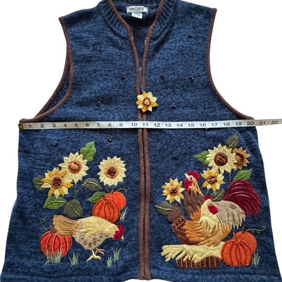 Vintage Tiara International Rooster Sunflower Blue Sleeveless Vest Size Large - Picture 9 of 13
